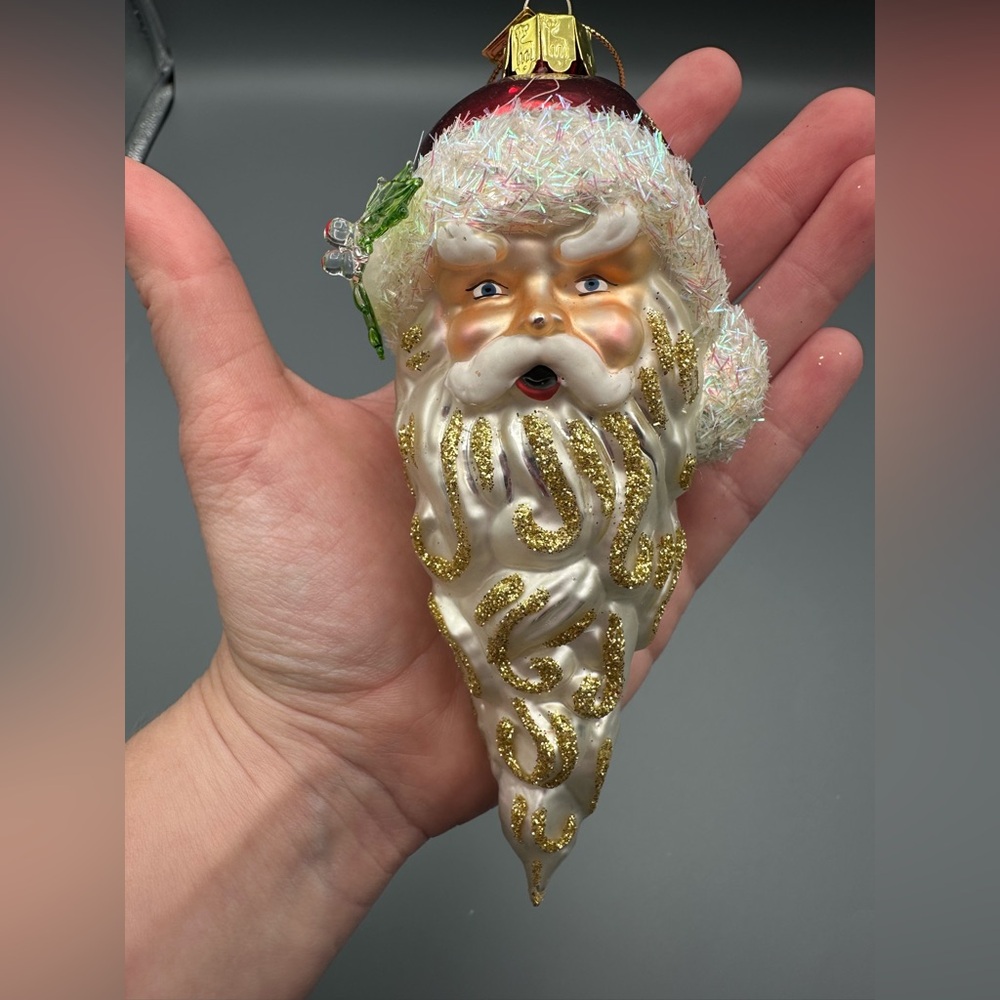 Santa’s Best Glass Santa Face Glitter Christmas Holiday Ornament White & Red